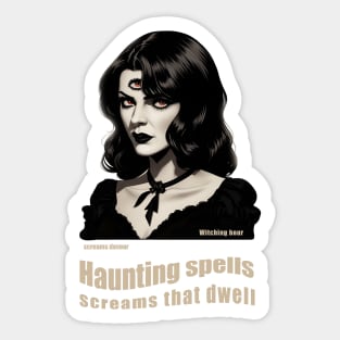 Gothic witch head portrait with curly hair and tre eyes Sticker